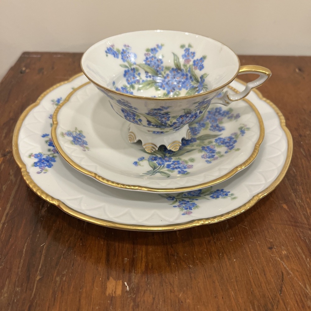 Mitterteich Bavaria Trio Teacup & Saucer & Side Plate Forget-me-not Blue Flower